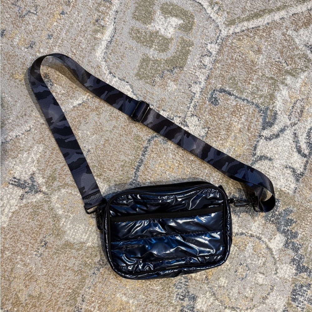 HAUTE SHORE Metallic Blue Crossbody Bag with Blue Camouflage Strap